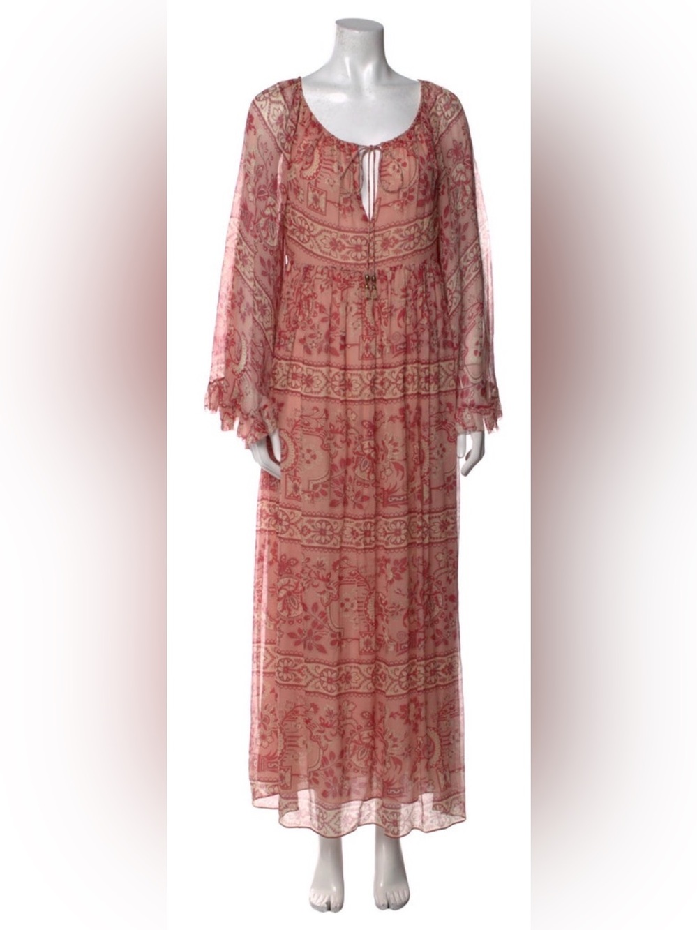 Zimmermann Silk Maxi Floral Dress Large Pink Peasant Sleeve Boho Cottagecore
